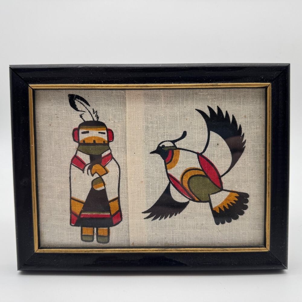 Vintage Southwest Kachina Native Style Textile Screen Print Bird Wall Art